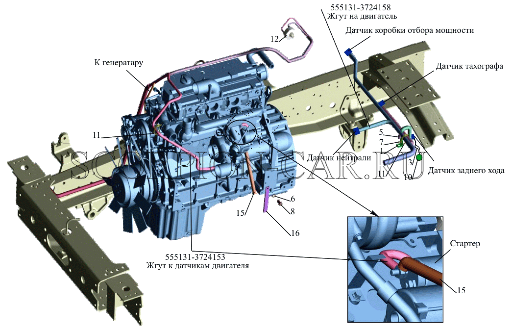 УСТАНОВКА ЭЛЕКТРООБОРУДОВАНИЯ НА ДВИГАТЕЛЕ 555131-3700098 551633
