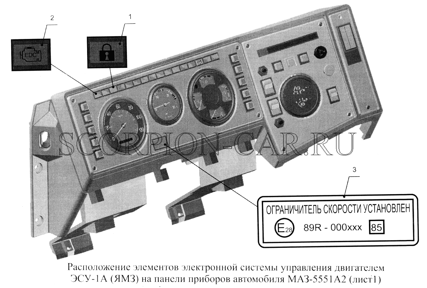 РАСПОЛОЖЕНИЕ ЭЛЕМЕНТОВ ЭЛЕКТРОННОЙ СИСТЕМЫ УПРАВЛЕНИЯ ДВИГАТЕЛЕМ ЭСУ-1А (ЯМЗ) НА ПАНЕЛИ ПРИБОРОВ АВТОМОБИЛЯ МАЗ-5551А2 555102
