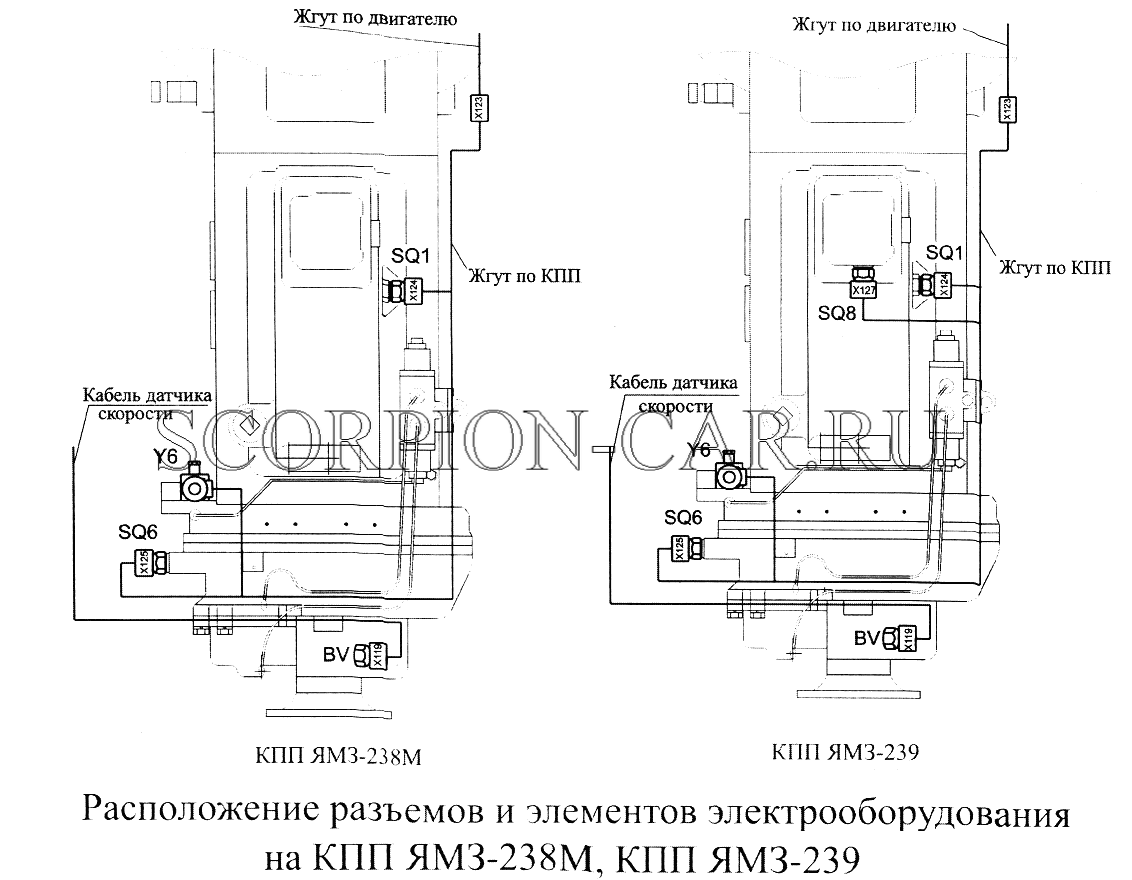 РАСПОЛОЖЕНИЕ РАЗЪЕМОВ И ЭЛЕМЕНТОВ ЭЛЕКТРООБОРУДОВАНИЯ НА КПП ЯМЗ-738М, КПП ЯМЗ-239 МАЗ 5516А5 5516А5